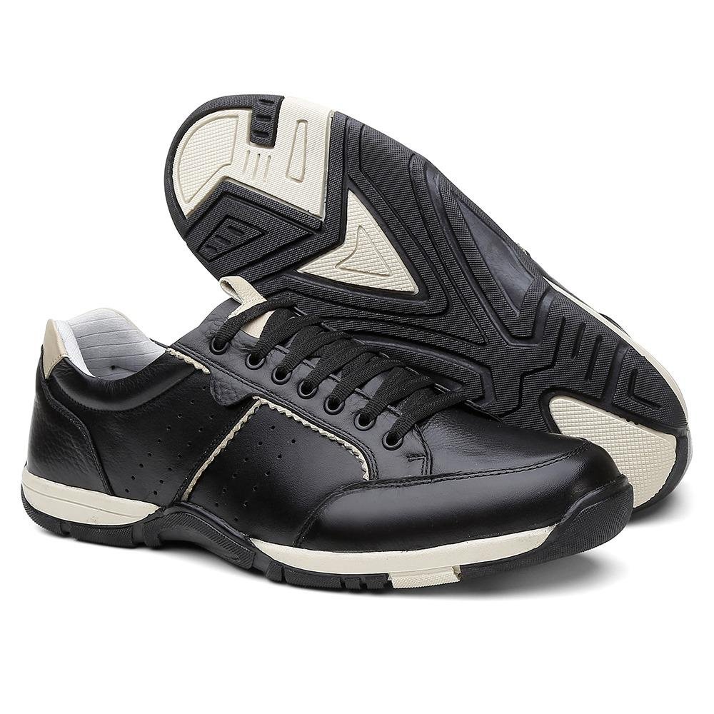 Sapatênis Masculino Couro Cadarço Conforto Casual Dia a Dia Preto 3