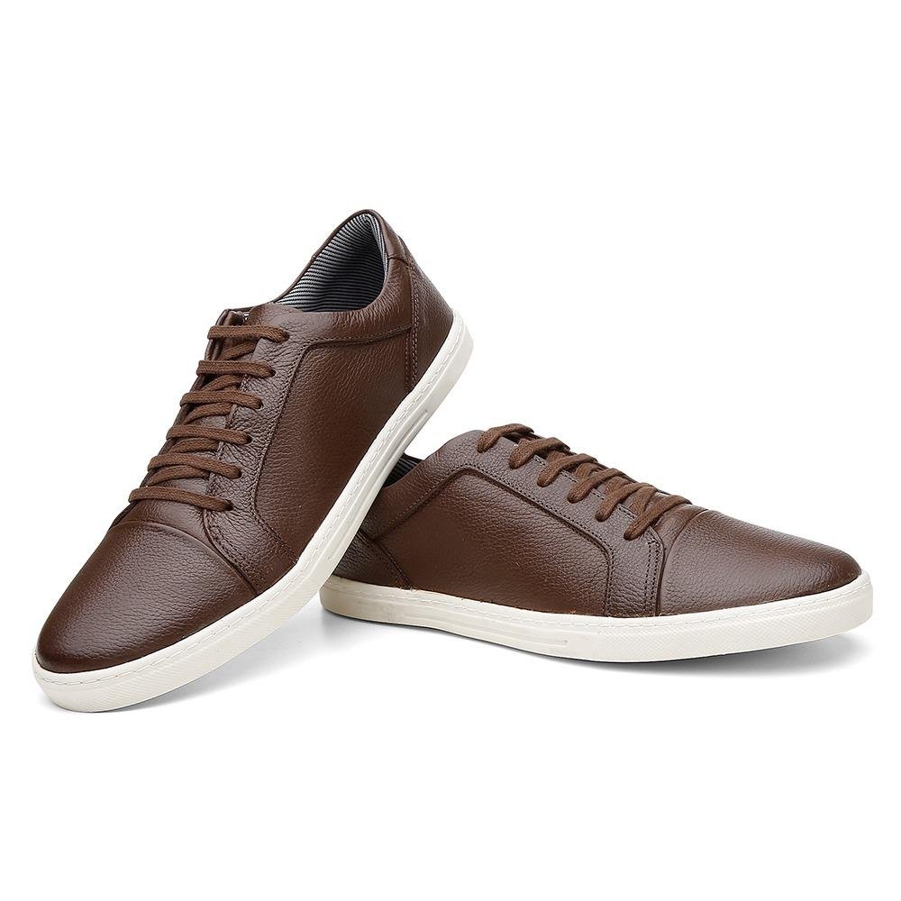 Sapatênis Masculino Couro Cadarço Dia a Dia Conforto Macio Marrom 2