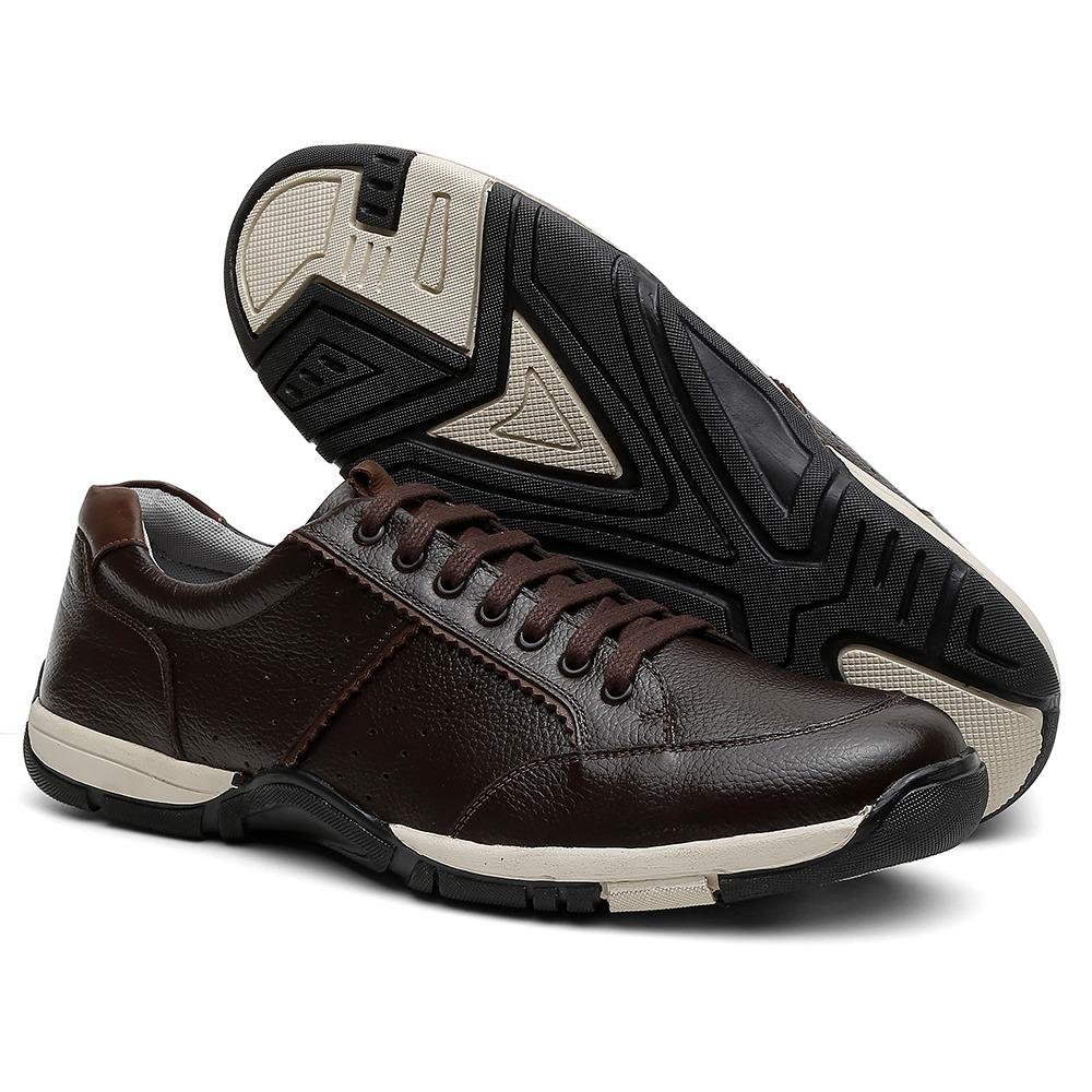 Sapatênis Masculino Couro Zíper Cadarço Elástico Moderno Marrom 2