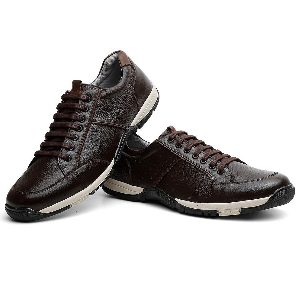 Sapatênis Masculino Couro Zíper Cadarço Elástico Moderno Marrom 3