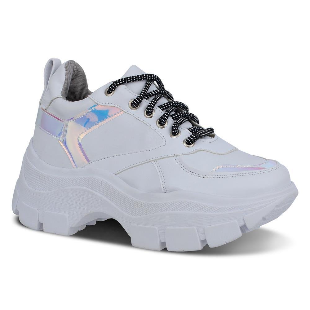 Tênis Feminino Chunky Tratorado Metalizado Cadarço Casual Branco 1