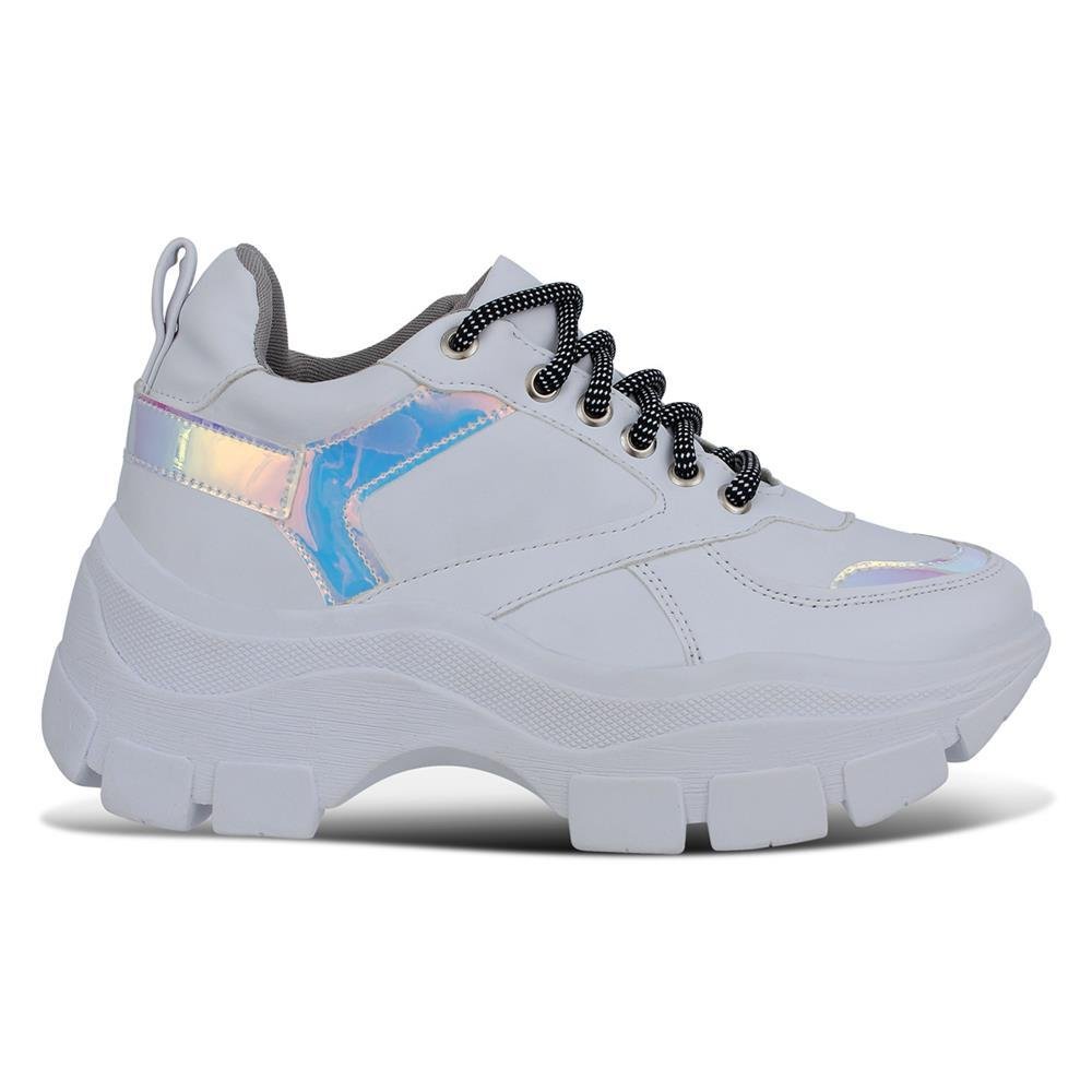 Tênis Feminino Chunky Tratorado Metalizado Cadarço Casual Branco 2