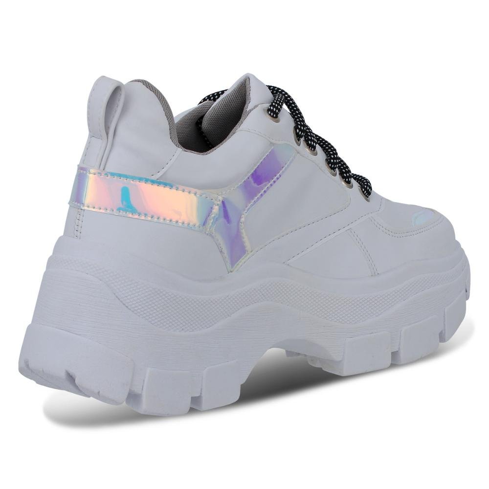 Tênis Feminino Chunky Tratorado Metalizado Cadarço Casual Branco 3
