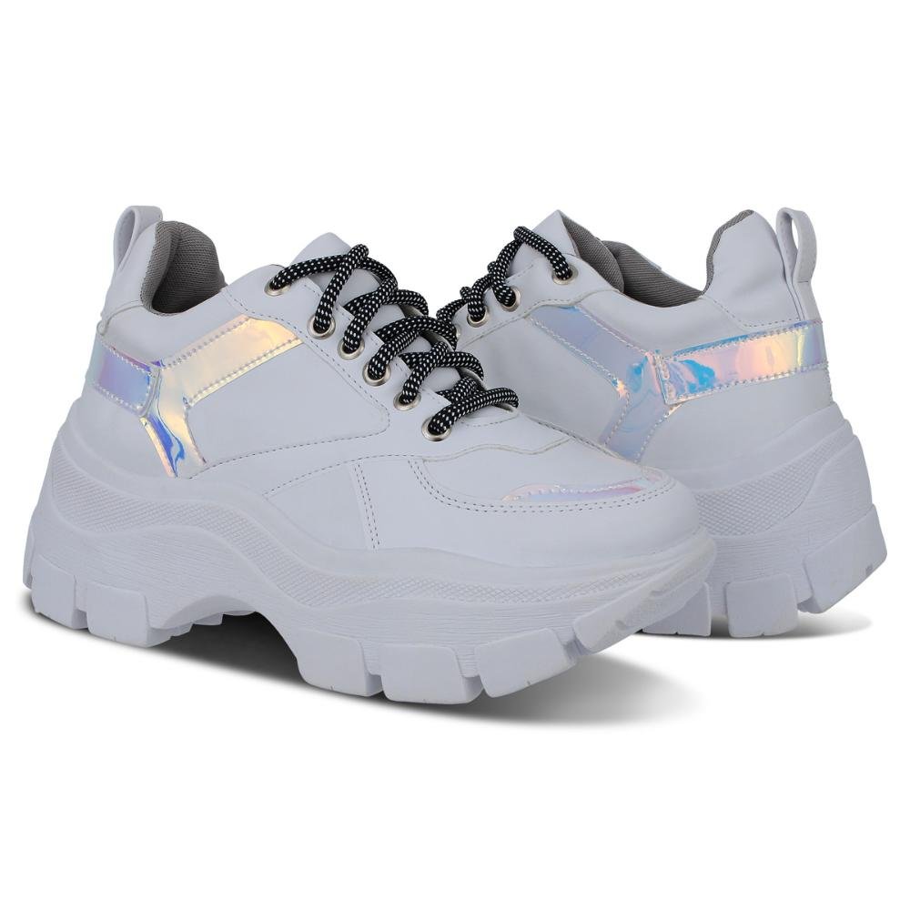 Tênis Feminino Chunky Tratorado Metalizado Cadarço Casual Branco 4