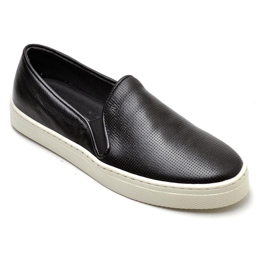 Tênis Slip On Feminino Couro Calce Fácil Casual Moderno Preto 1