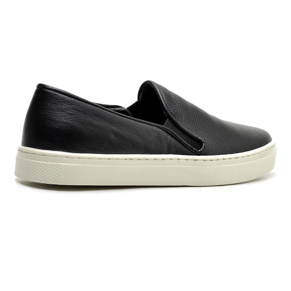 Tênis Slip On Feminino Couro Calce Fácil Casual Moderno Preto 2
