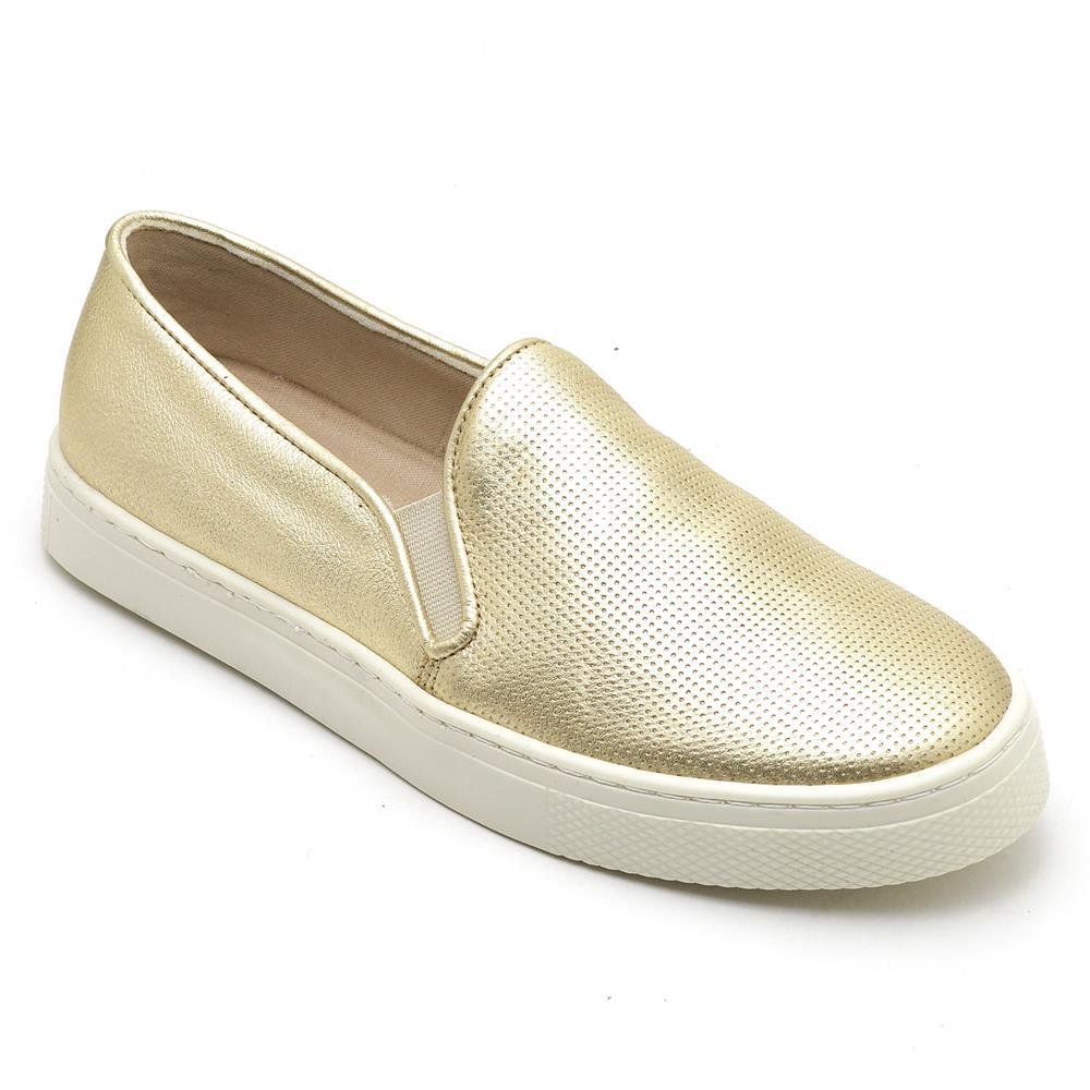 Tênis Slip On Feminino Couro Calce Fácil Moderno Casual Dourado 1