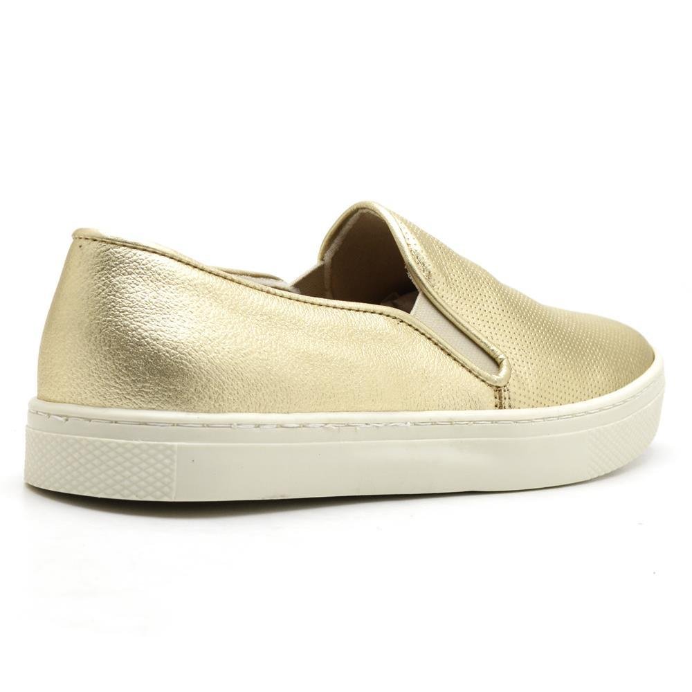 Tênis Slip On Feminino Couro Calce Fácil Moderno Casual Dourado 2