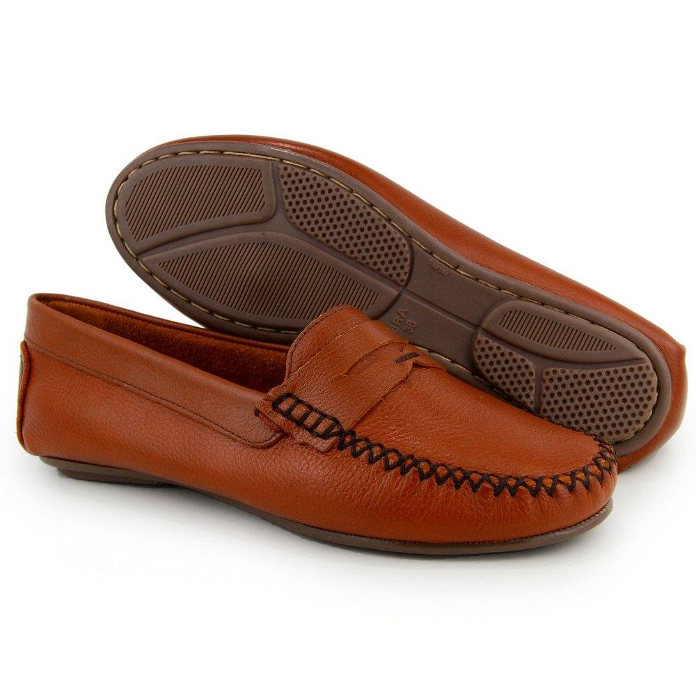 Mocassim Feminino Couro Casual Confortável Liso Solado Reto Marrom 2