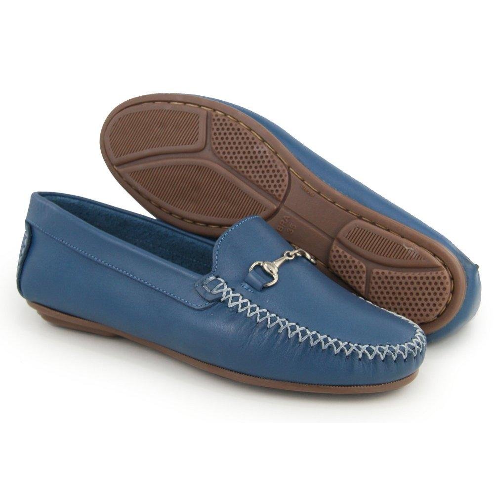 Mocassim Feminino Couro Casual Confortável Solado Reto Azul 2