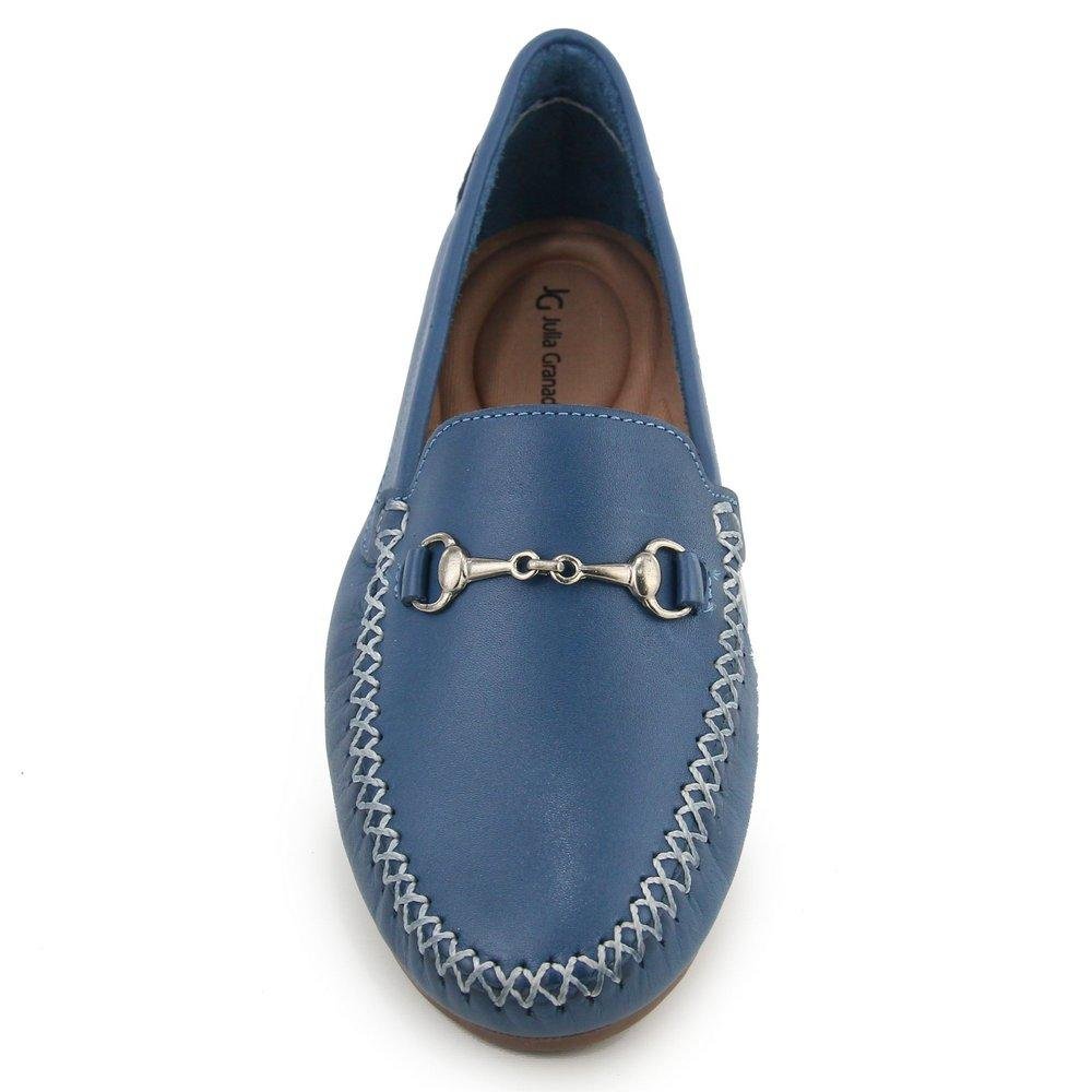 Mocassim Feminino Couro Casual Confortável Solado Reto Azul 3