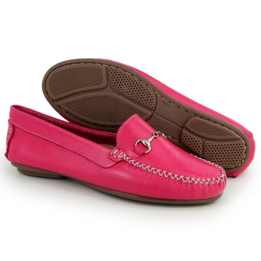 Mocassim Feminino Couro Casual Confortável Solado Reto Rosa 2