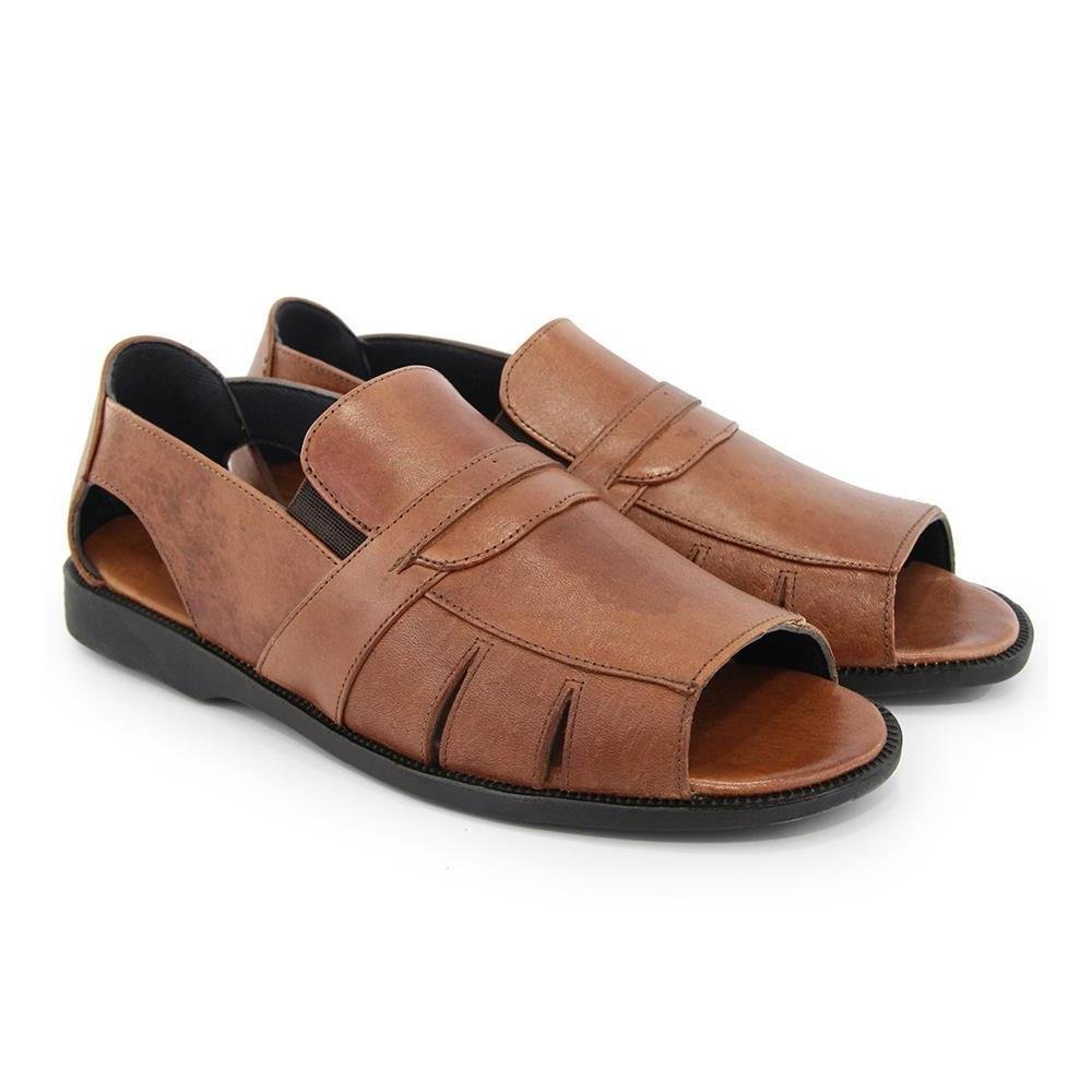 Sandália Masculina Couro Confortável Elástico Calce Fácil Marrom 2