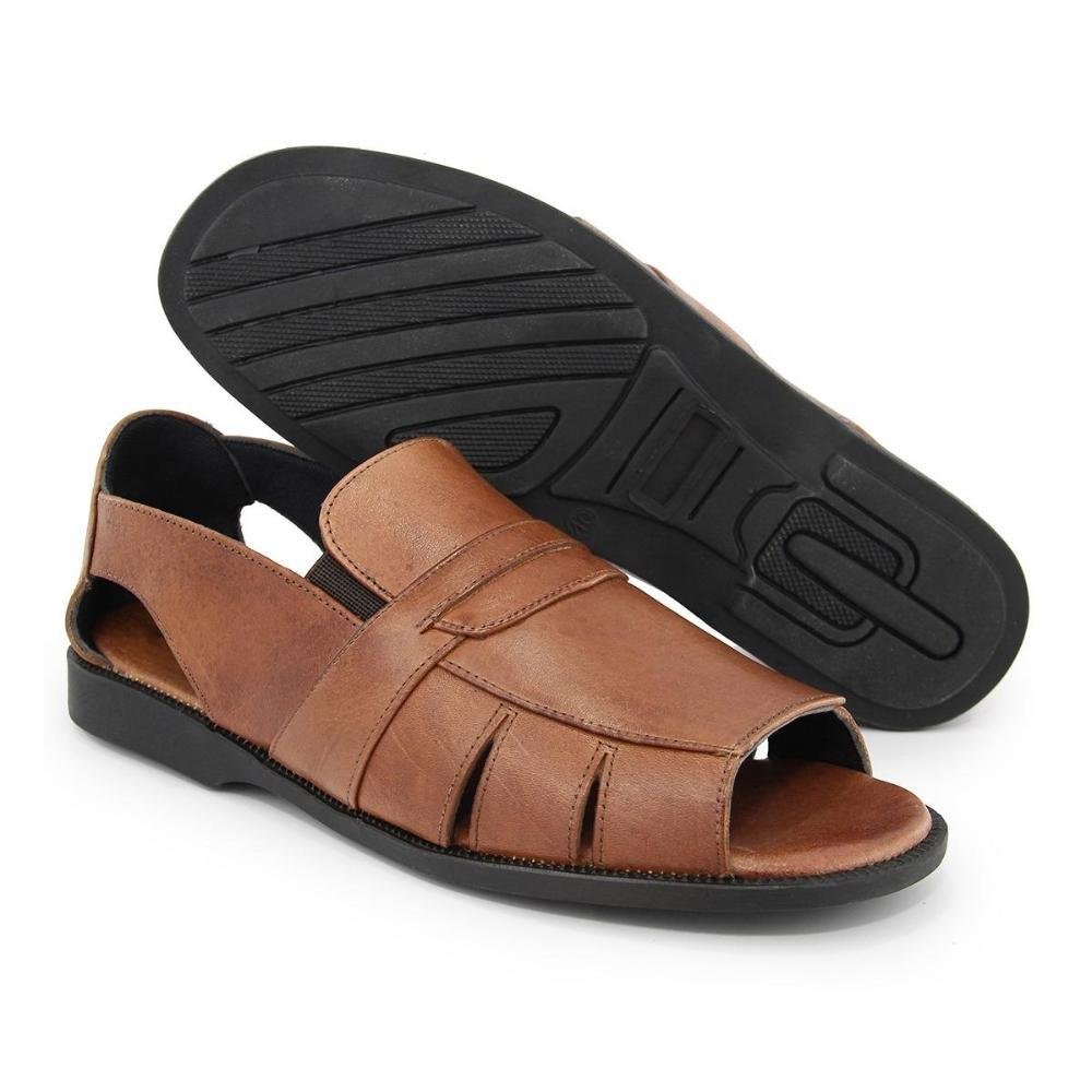 Sandália Masculina Couro Confortável Elástico Calce Fácil Marrom 4