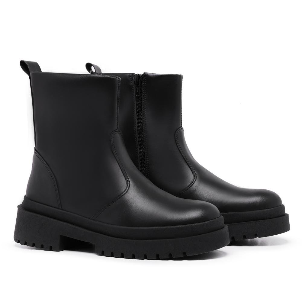 Bota Feminina Cano Curto Tratorada Zíper Lisa Estilo Moderna Preto 2
