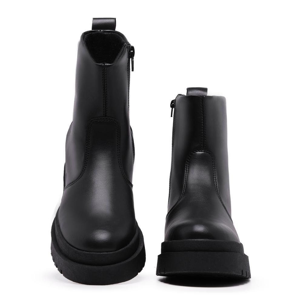 Bota Feminina Cano Curto Tratorada Zíper Lisa Estilo Moderna Preto 3