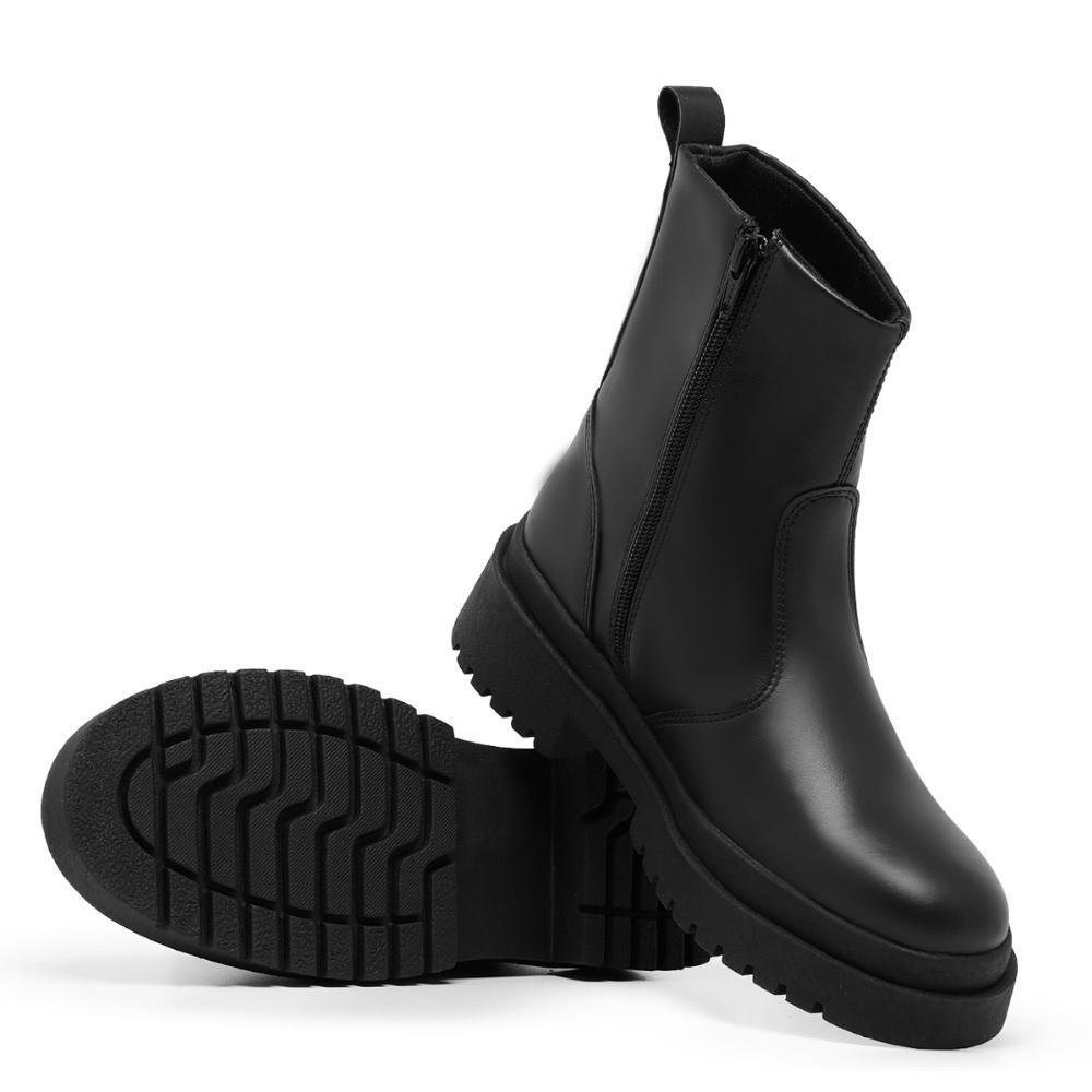 Bota Feminina Cano Curto Tratorada Zíper Lisa Estilo Moderna Preto 4