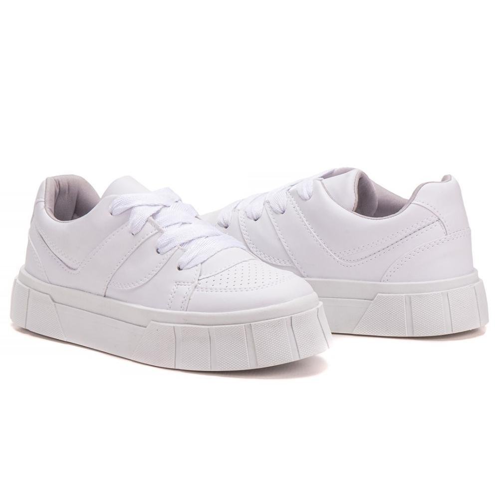 Tênis Feminino Casual Plataforma Moderno Confortável Cadarço Branco 3