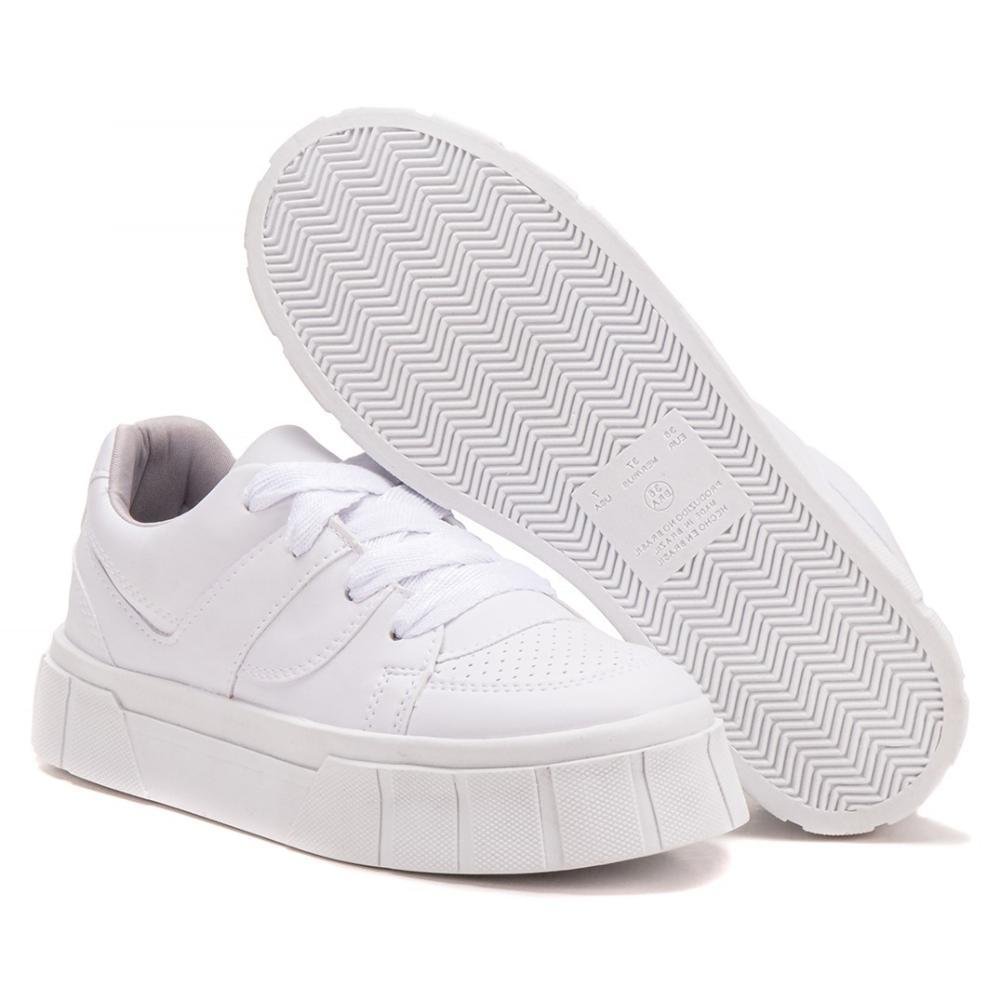 Tênis Feminino Casual Plataforma Moderno Confortável Cadarço Branco 4