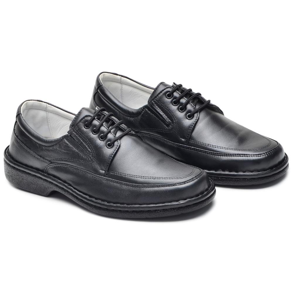 Sapato Social Masculino Couro Confortável Cadarço Blaqueado Preto 1