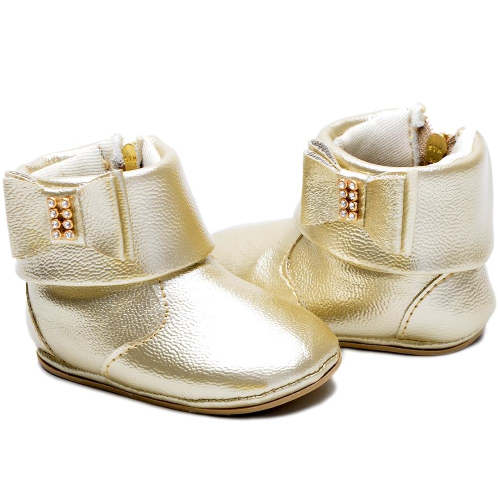 Botinha Feminina Infantil Bebê Casual Confortável Laço Dourado 3