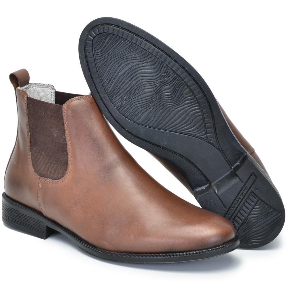 Botina Masculina Bota Chelsea Couro Casual Lisa Elástico Marrom 5