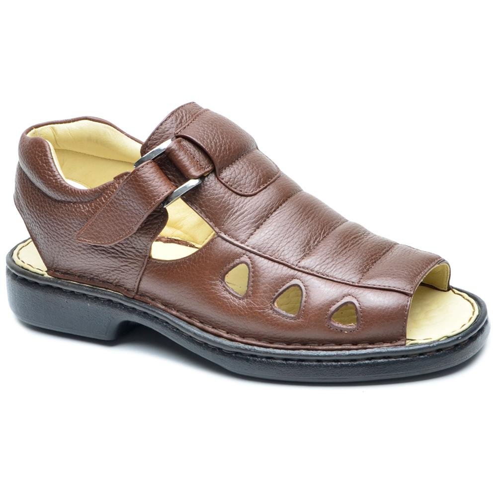 Sandália Masculina Couro Adulto Confortável Macia Recortes Marrom 2