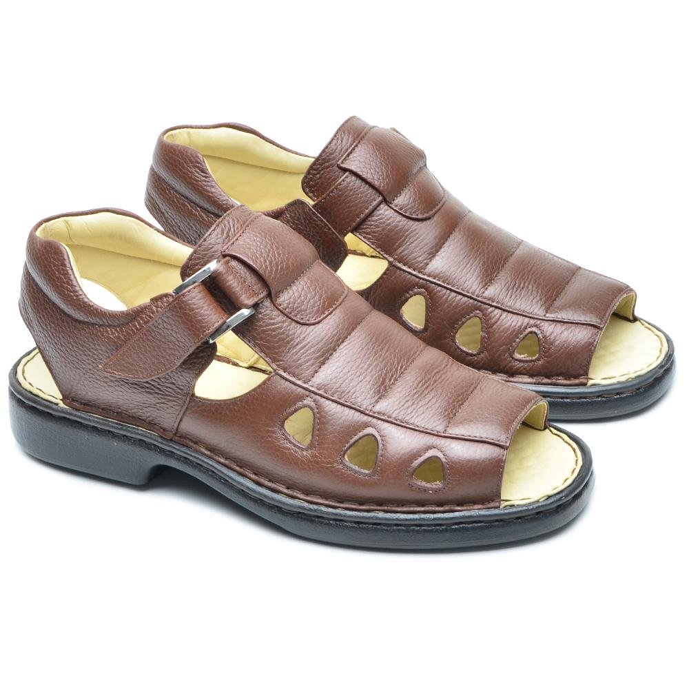 Sandália Cla Cle Masculina Couro Adulto Confortável Macia Recortes Masculino Marrom 3