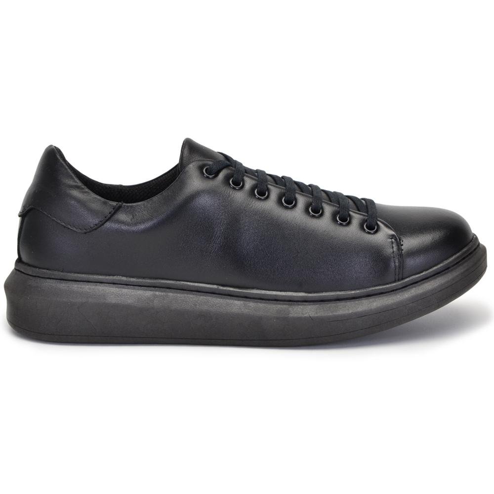 Tênis Casual Masculino Couro Macio Cadarço Liso Moderno Preto 3