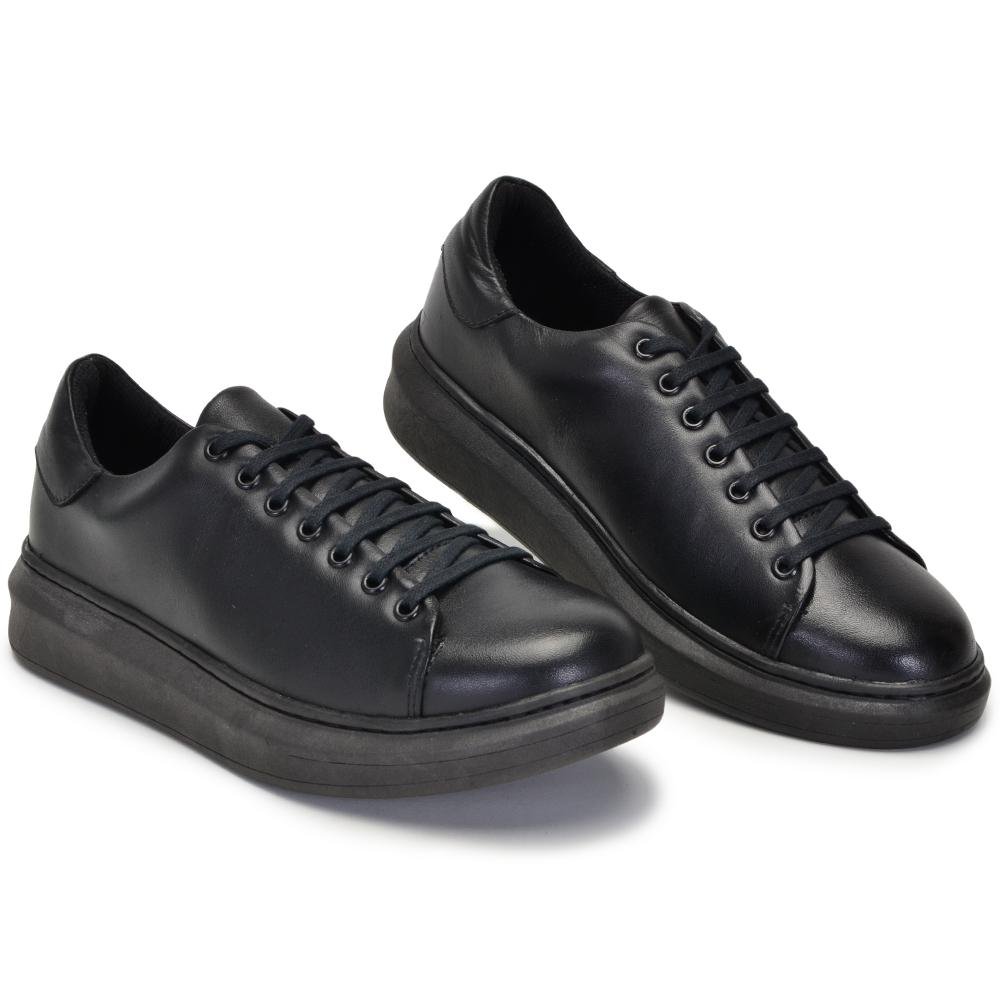 Tênis Casual Masculino Couro Macio Cadarço Liso Moderno Preto 4