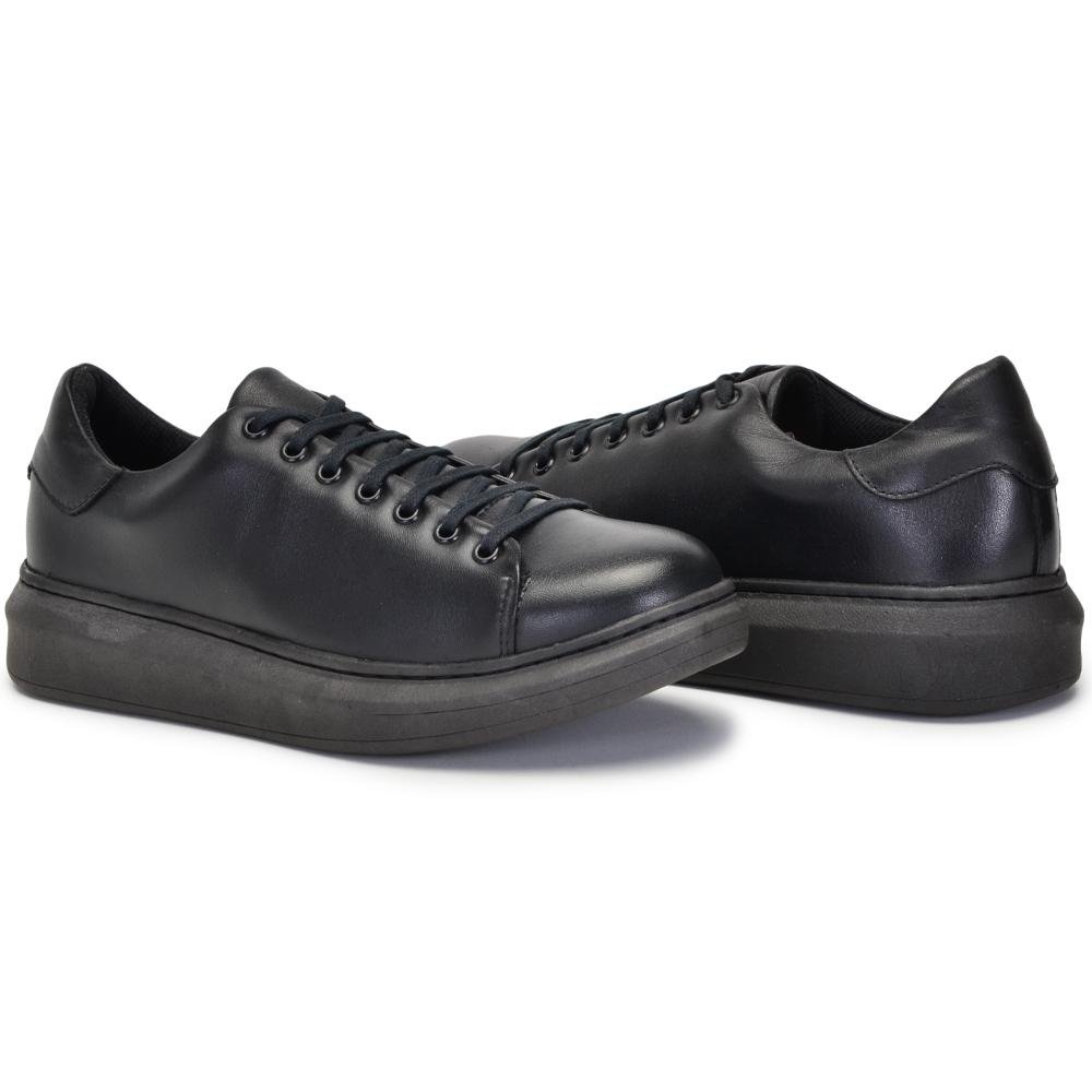 Tênis Casual Masculino Couro Macio Cadarço Liso Moderno Preto 5