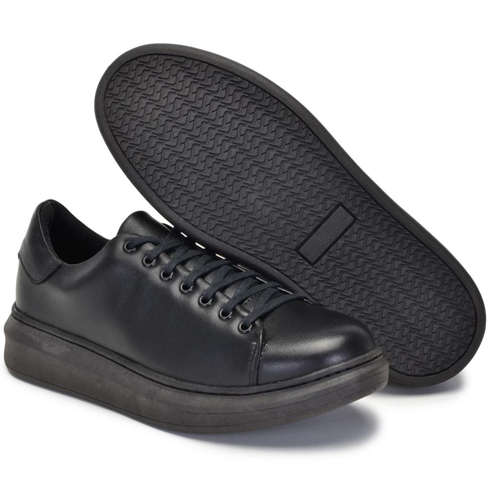 Tênis Casual Masculino Couro Macio Cadarço Liso Moderno Preto 6