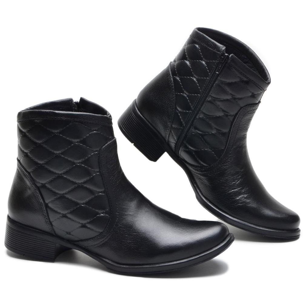 Bota Feminina Casual Couro Cano Curto Matelassê Confortável Preto 2