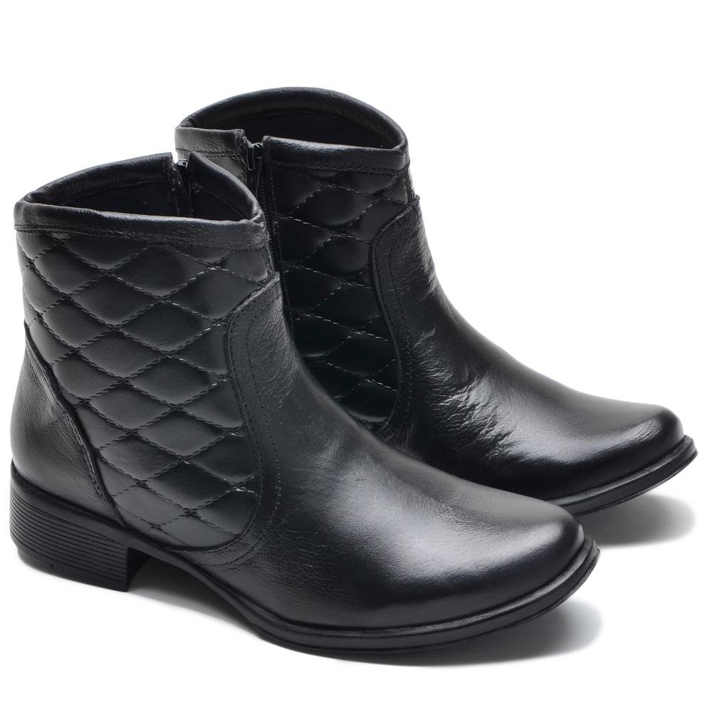 Bota Feminina Casual Couro Cano Curto Matelassê Confortável Preto 3