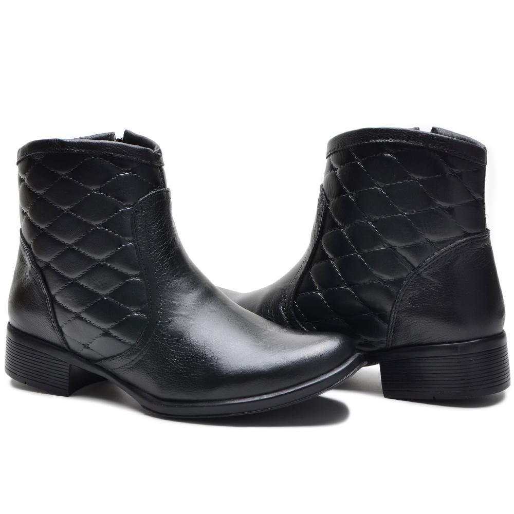 Bota Feminina Casual Couro Cano Curto Matelassê Confortável Preto 4
