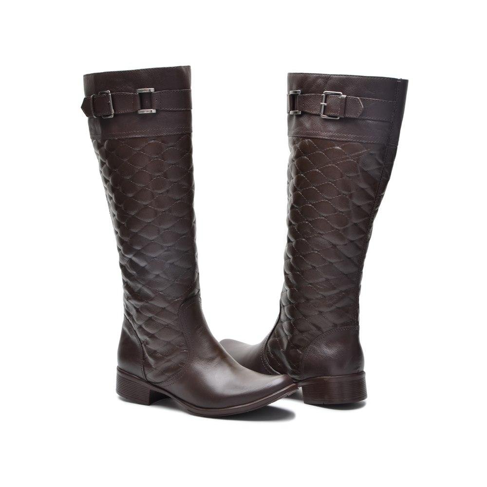 Bota Feminina Montaria Couro Matelassê Cano Alto Moderna Marrom 4