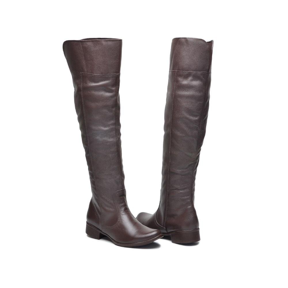 Bota Feminina Over The Knee Couro Cano Alto Zíper Moderna Marrom 4