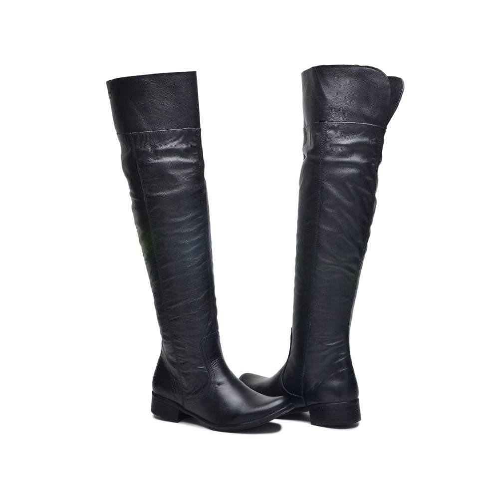 Bota Feminina Over The Knee Couro Cano Alto Zíper Moderna Preto 4