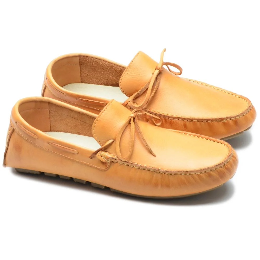 Mocassim Masculino Sapato Couro Calce Fácil Confortável Laranja 3