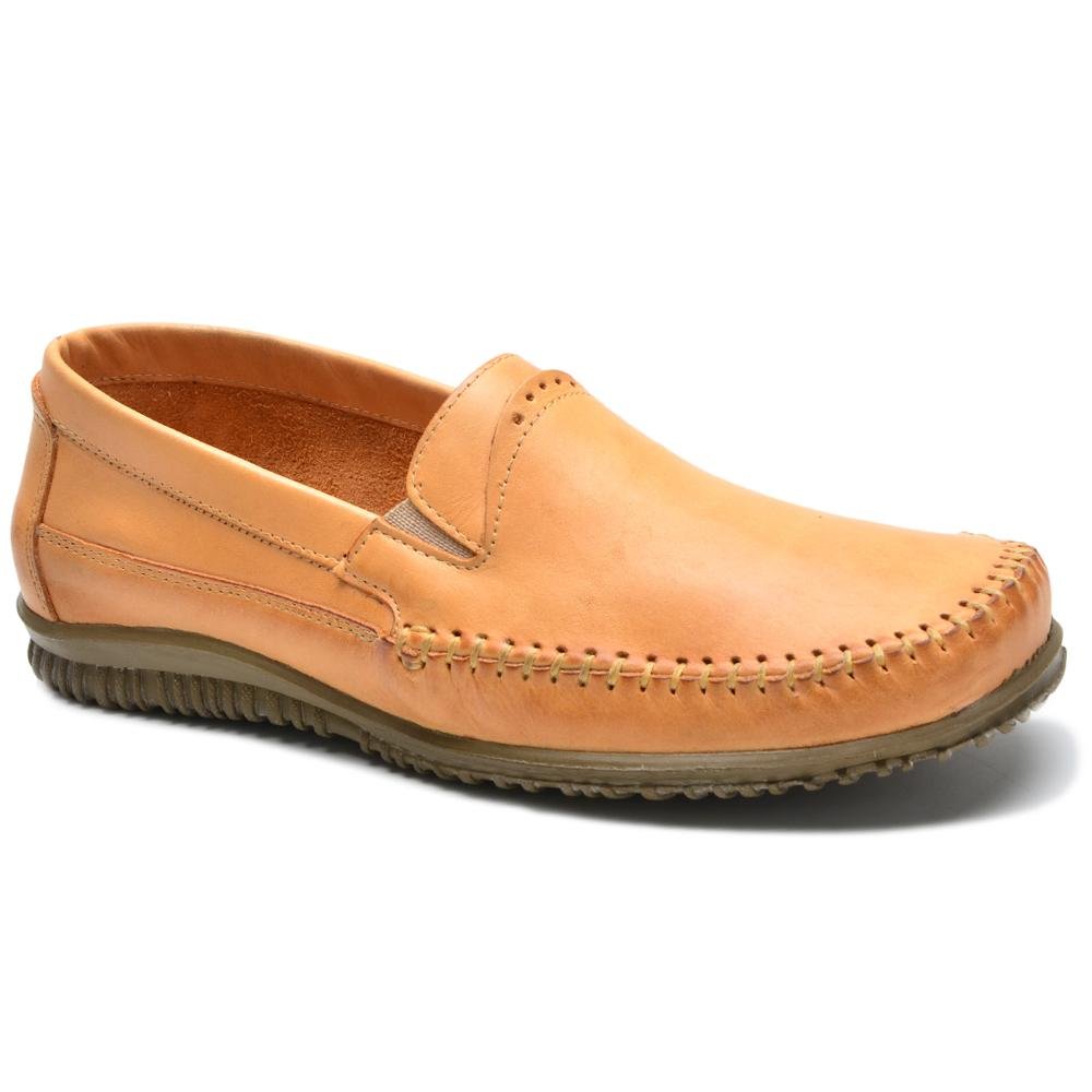 Mocassim Masculino Sapato Couro Costurado Solado Reto Estilo Bege 2