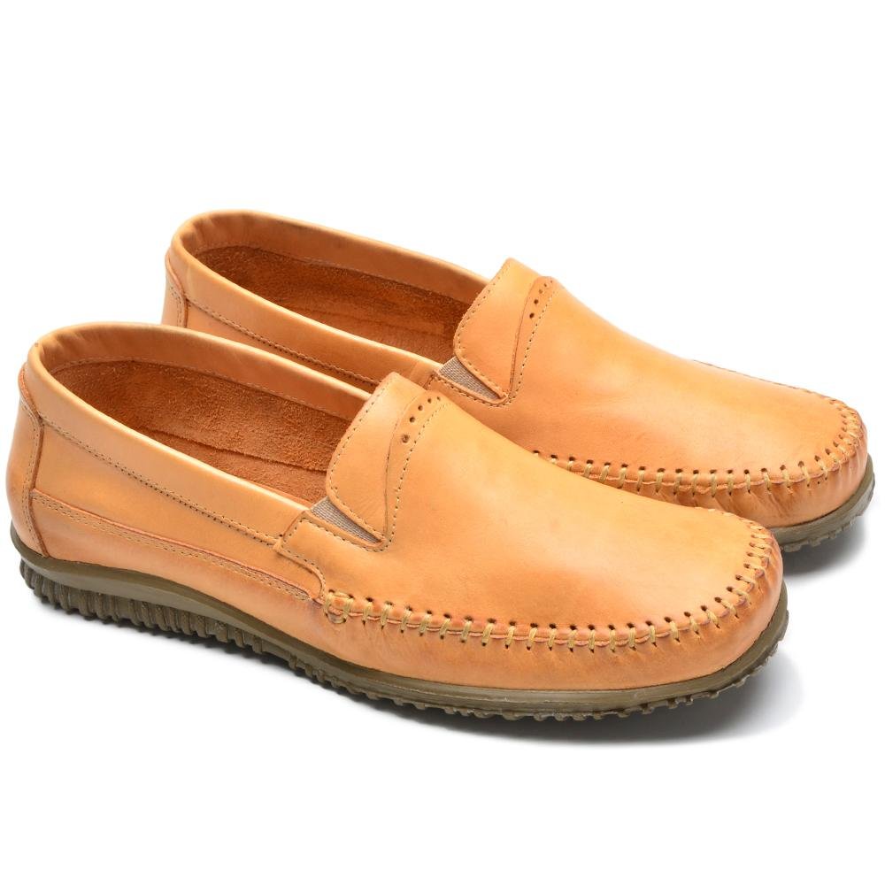 Mocassim Masculino Sapato Couro Costurado Solado Reto Estilo Bege 3