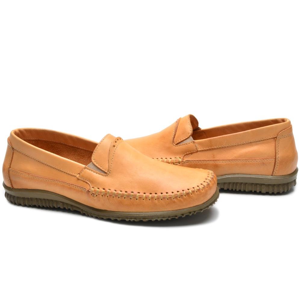 Mocassim Masculino Sapato Couro Costurado Solado Reto Estilo Bege 4