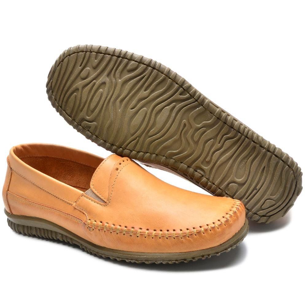Mocassim Masculino Sapato Couro Costurado Solado Reto Estilo Bege 5
