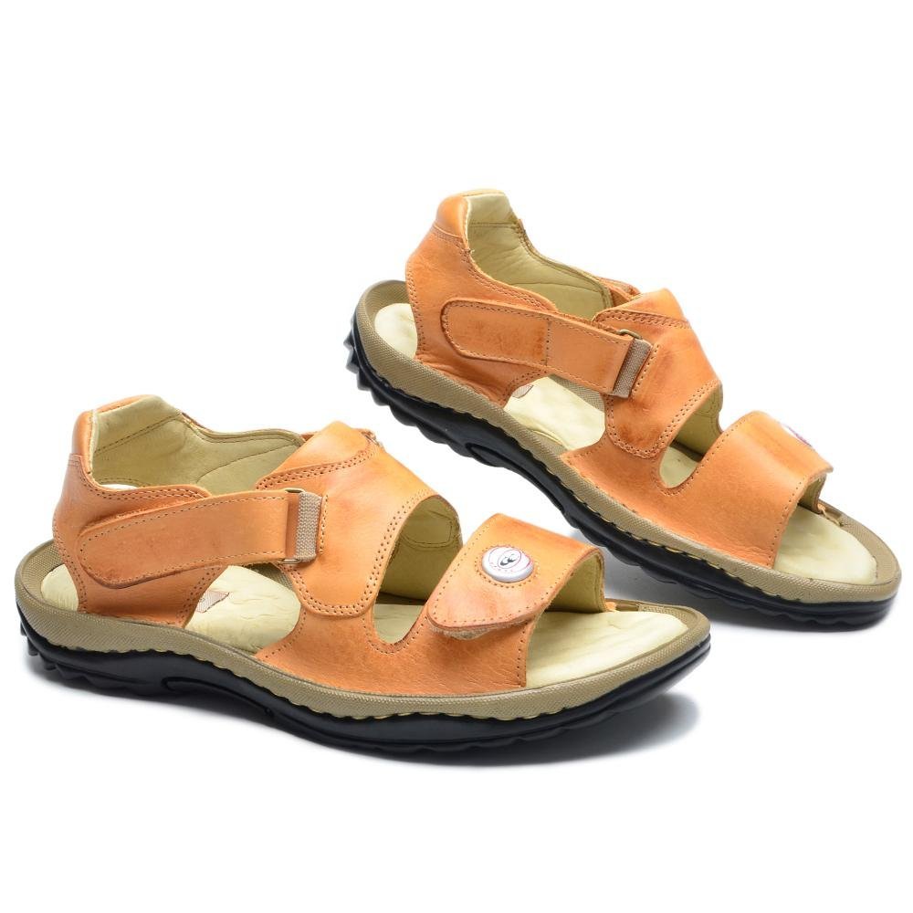 Sandália Masculina Couro Tira Aderente Macia Confortável Bege 1