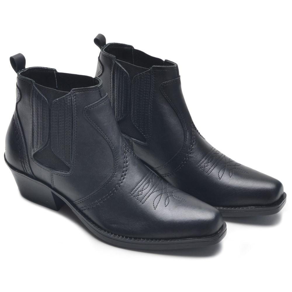 Bota Country Masculina Couro Cano Curto Elástico Bordada Preto 2