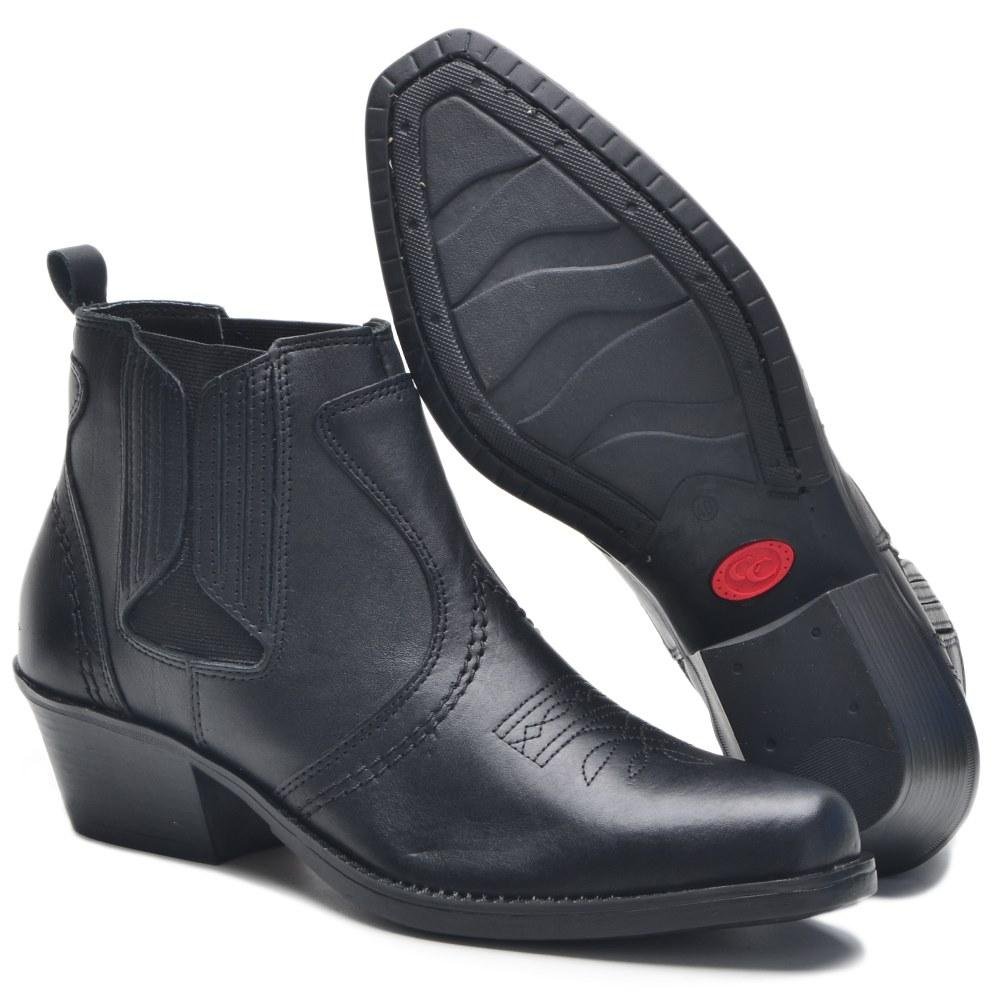 Bota Country Masculina Couro Cano Curto Elástico Bordada Preto 4