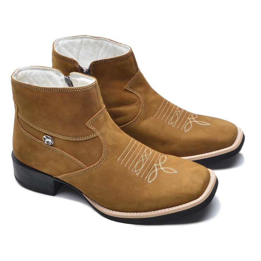 Bota Country Masculina Couro Cano Curto Zíper Bico Quadrado Bege 2