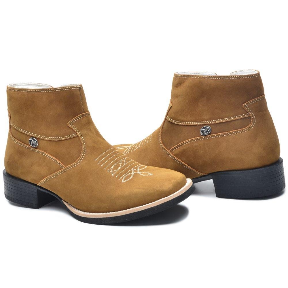 Bota Country Masculina Couro Cano Curto Zíper Bico Quadrado Bege 3
