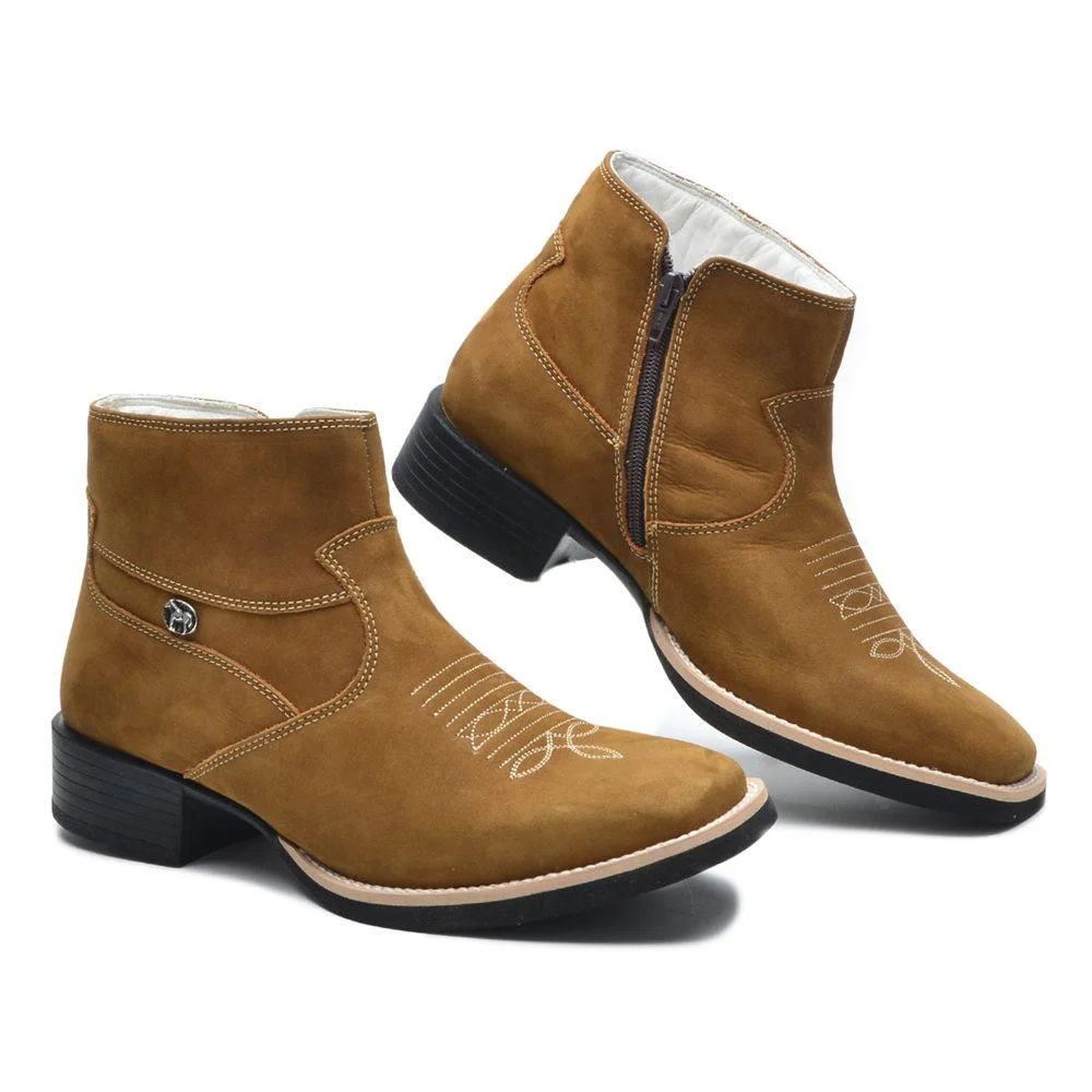 Bota Country Masculina Couro Cano Curto Zíper Bico Quadrado Bege 4