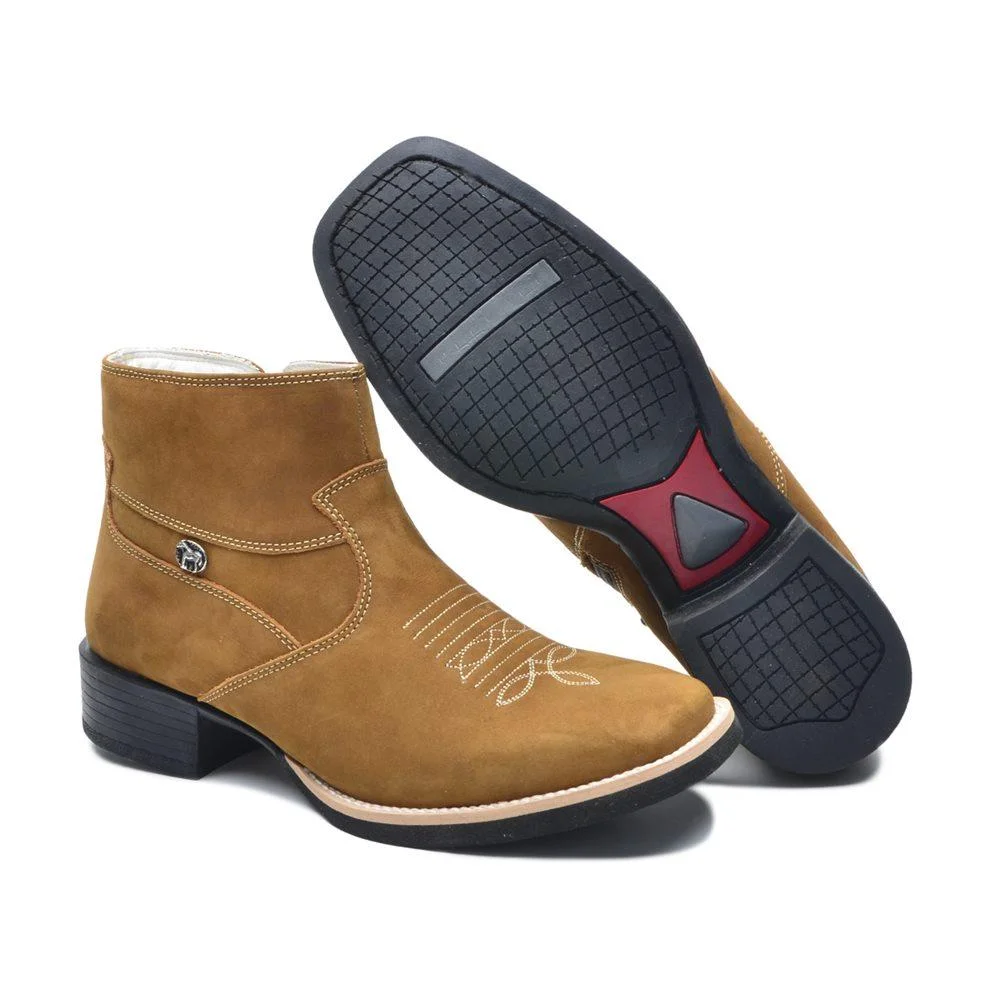Bota Country Masculina Couro Cano Curto Zíper Bico Quadrado Bege 5